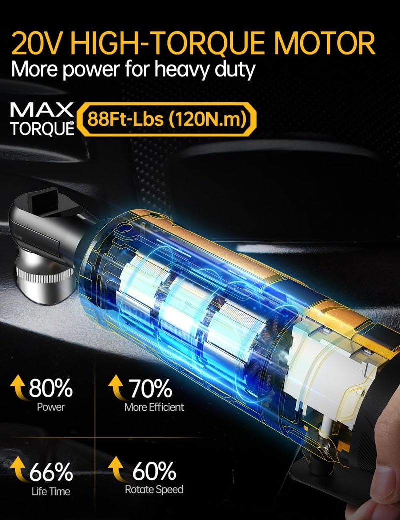 apex power 3/8 Inch Cordless Ratchet Wrench, for DEWALT 20V Max Battery, 88Ft-Lbs, 0-400RPM, Electric Ratchet Wrench Set with Variable Speed Trigger, Reinforced Head, R&F Switch, 7 Sockets, 3/8" to 1/4" Adapter - Image 2